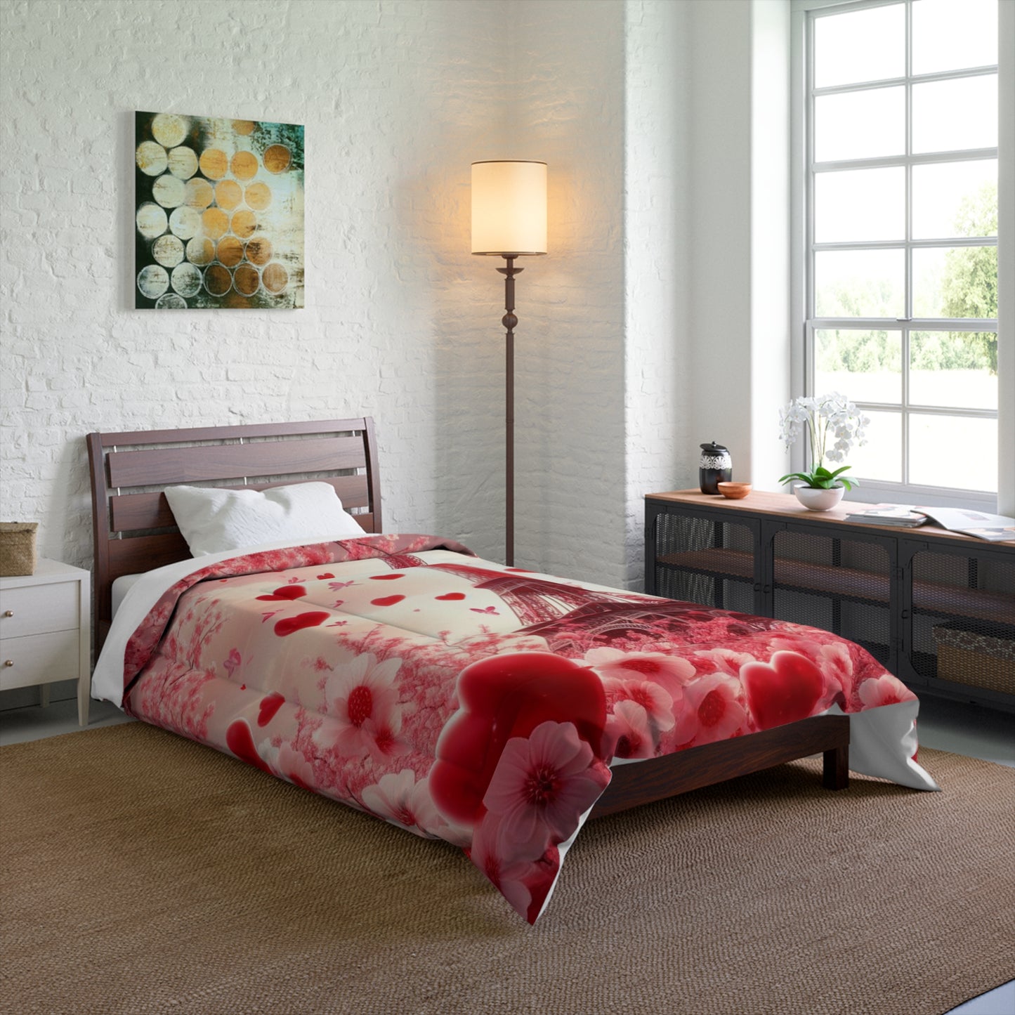 Comforter Blanket - Paris Theme Cherry Blossom hearts Eiffel Tower Design