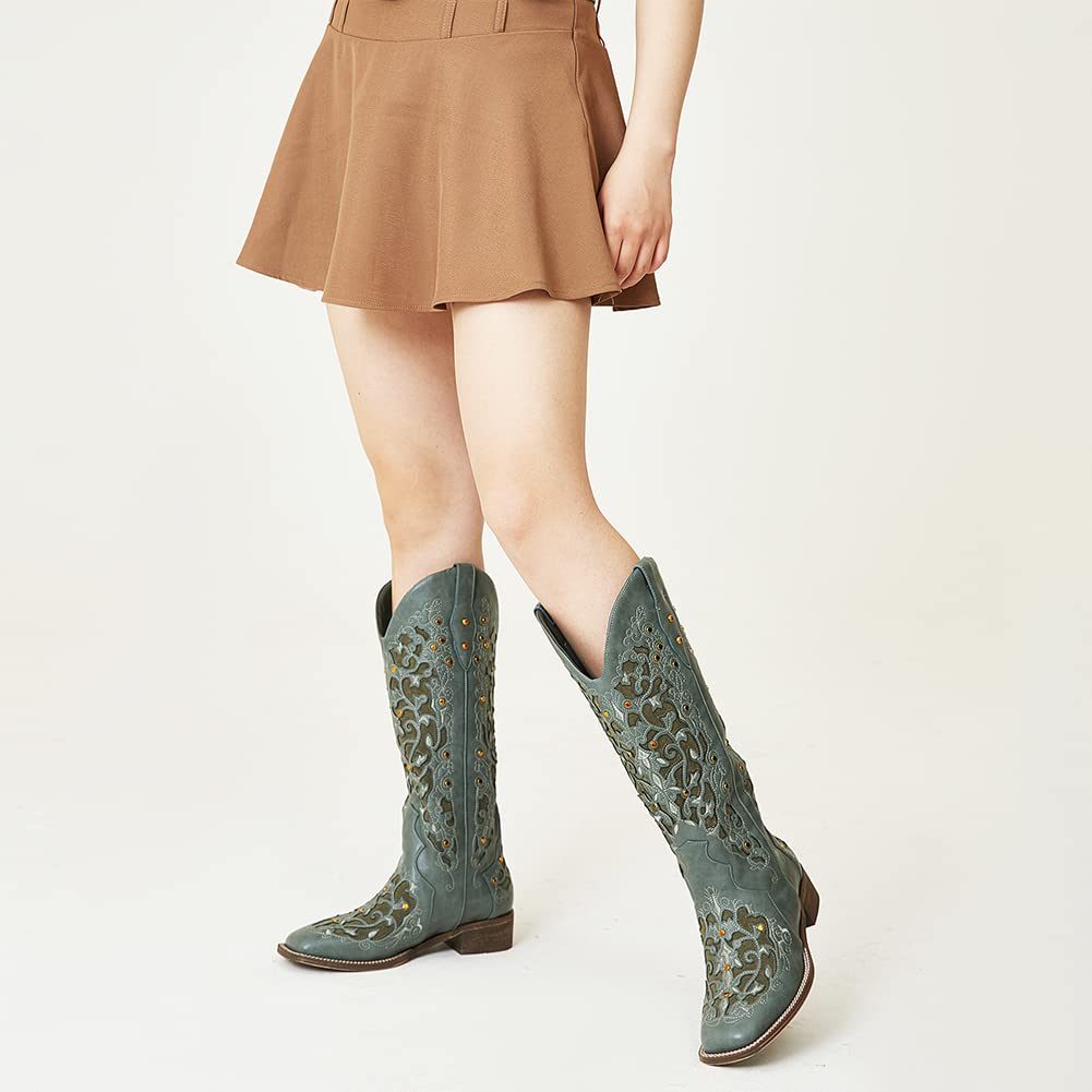SaraIris Women's Rhinestone Boots Mid Calf Boots Chunky Heel Round Toe Green Boots Knee High Boots Embroidered Cowgirl Boots Cowboy Boots Pull On Western Boots for Women