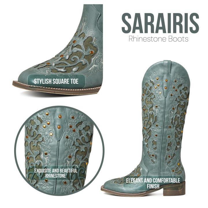 SaraIris Women's Rhinestone Boots Mid Calf Boots Chunky Heel Round Toe Green Boots Knee High Boots Embroidered Cowgirl Boots Cowboy Boots Pull On Western Boots for Women