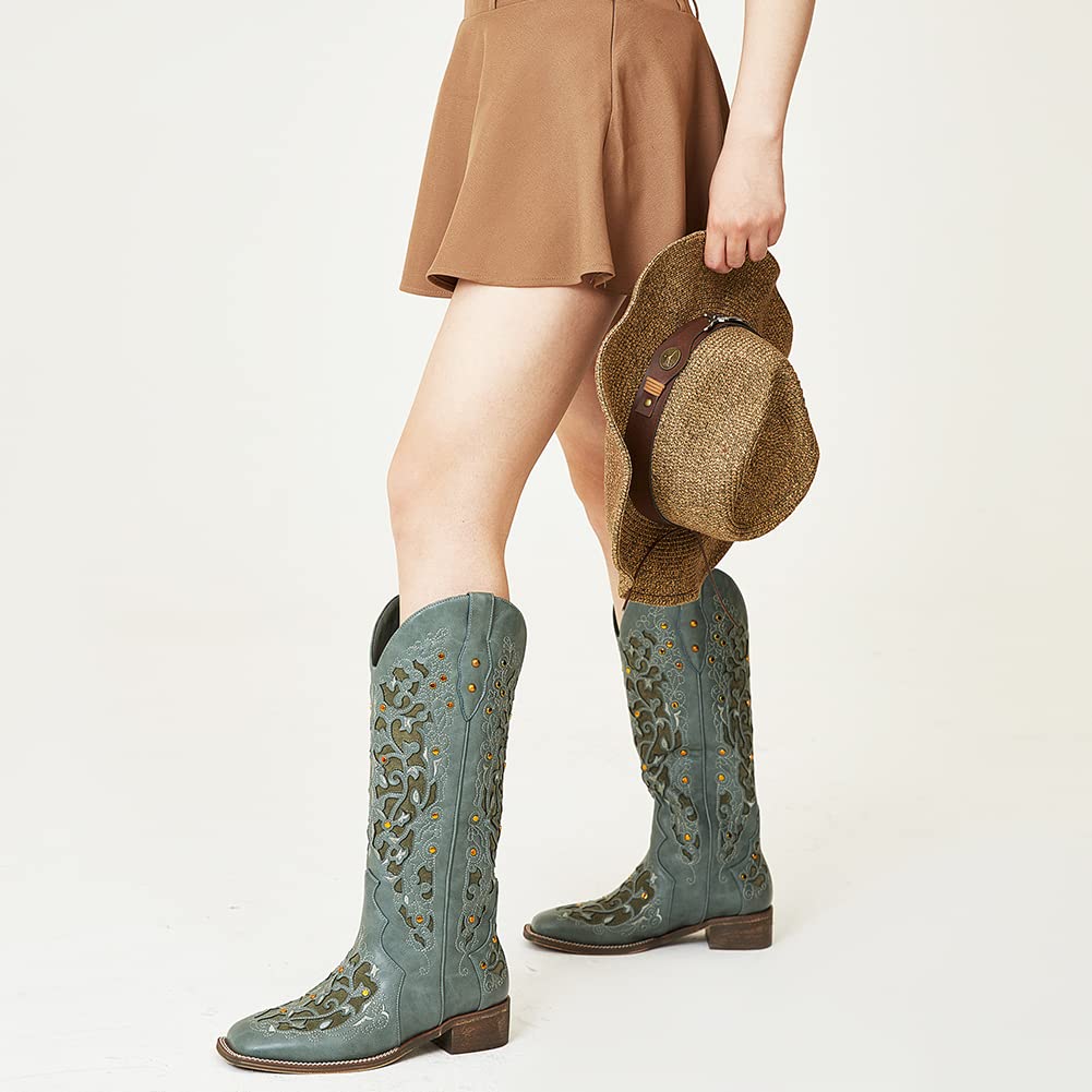 SaraIris Women's Rhinestone Boots Mid Calf Boots Chunky Heel Round Toe Green Boots Knee High Boots Embroidered Cowgirl Boots Cowboy Boots Pull On Western Boots for Women
