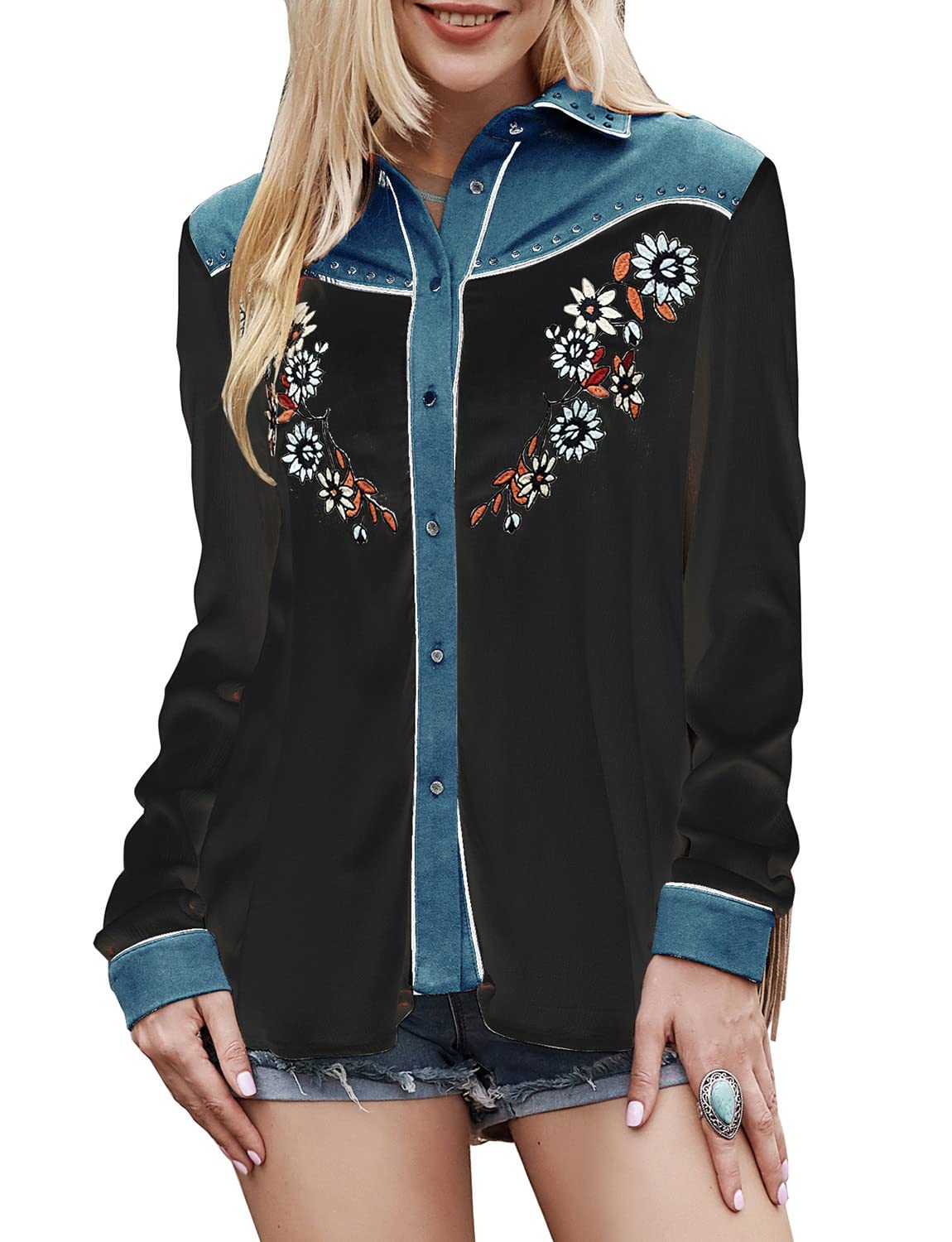 JOHN MOON Women's Embroidered Western Long Sleeve Buttons Down Shirts Fringed Retro Cowgirl Blouses Shirts Black