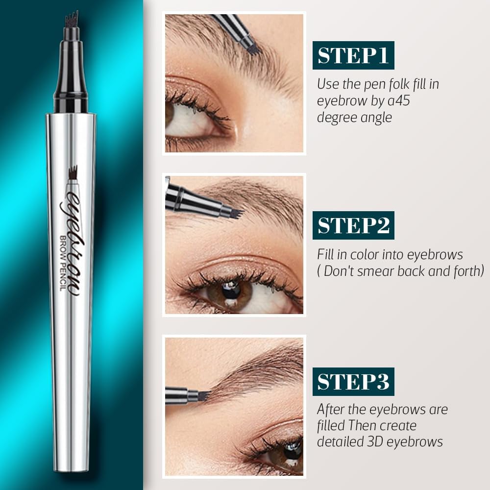 Magic Eyebrow Pencil, 2024 New 3D Waterproof Microblading Eyebrow Pencil Contouring Pen, 4 Tipped Precise Brow Pen, Fine Stroke Microblading Eyebrow Pencil Natural (A - Dark Brown)