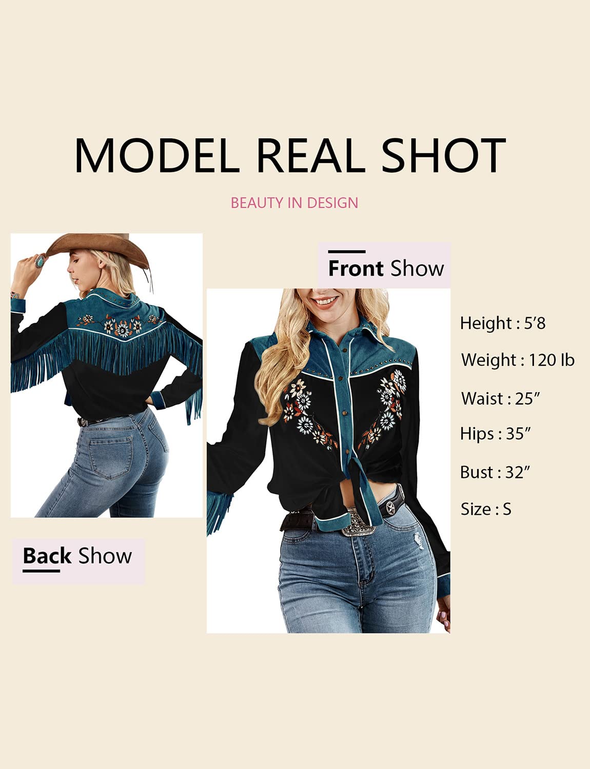 JOHN MOON Women's Embroidered Western Long Sleeve Buttons Down Shirts Fringed Retro Cowgirl Blouses Shirts Black
