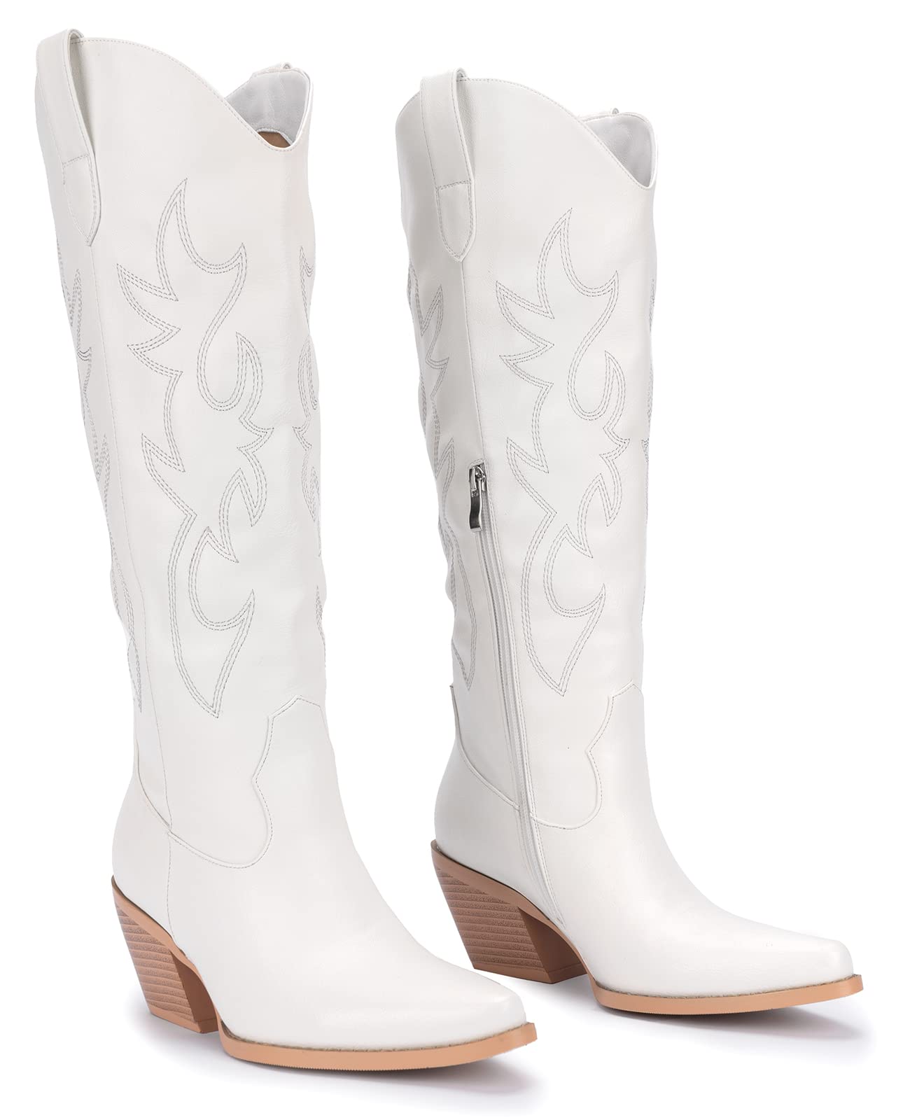 Pasuot White Cowboy Western Boots for Women - Wide Calf Cowgirl Knee High with Side Zip and Embroidered, Pointed Toe Chunky Heel Retro Classic Tall Boot Pull On for Ladies Fall Winter Size 7