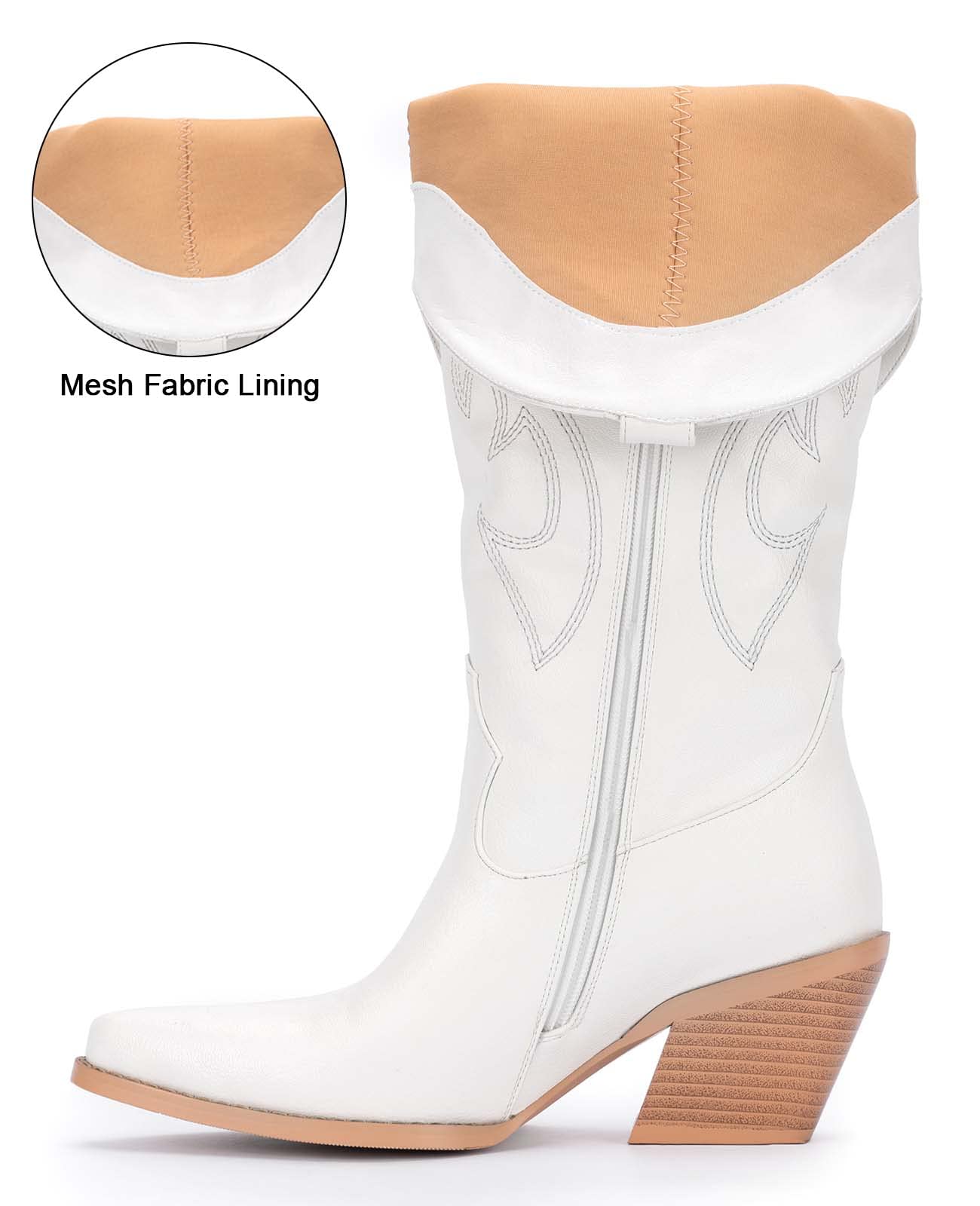 Pasuot White Cowboy Western Boots for Women - Wide Calf Cowgirl Knee High with Side Zip and Embroidered, Pointed Toe Chunky Heel Retro Classic Tall Boot Pull On for Ladies Fall Winter Size 7