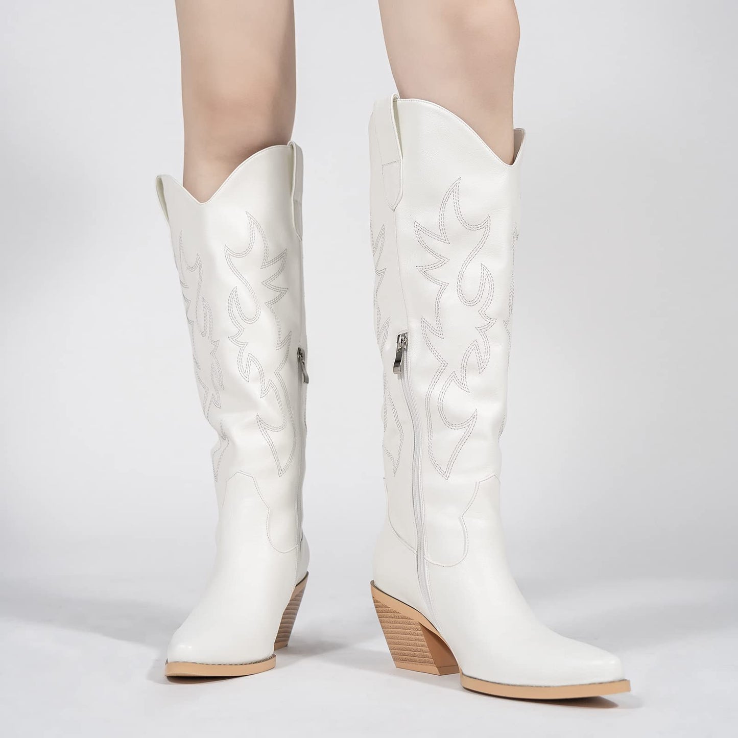 Pasuot White Cowboy Western Boots for Women - Wide Calf Cowgirl Knee High with Side Zip and Embroidered, Pointed Toe Chunky Heel Retro Classic Tall Boot Pull On for Ladies Fall Winter Size 7