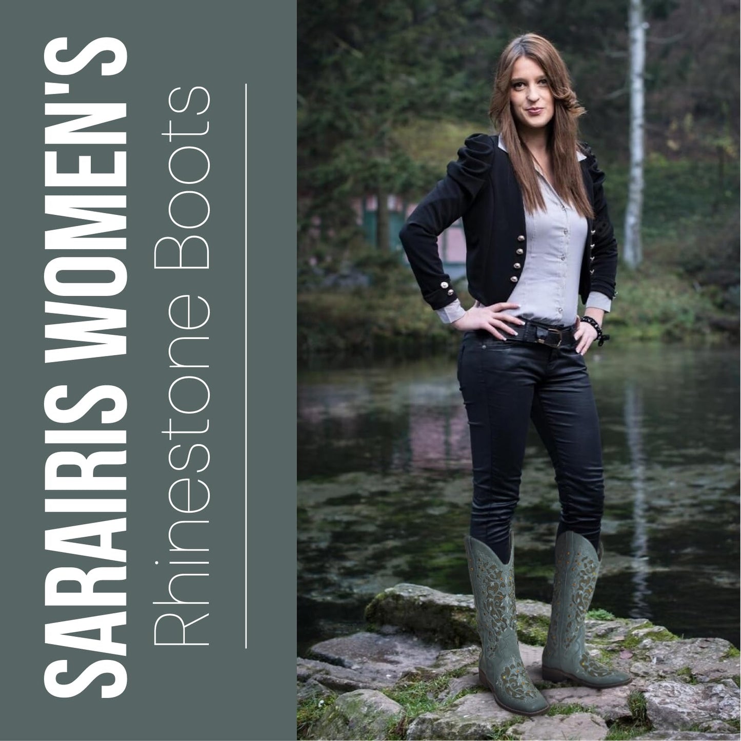 SaraIris Women's Rhinestone Boots Mid Calf Boots Chunky Heel Round Toe Green Boots Knee High Boots Embroidered Cowgirl Boots Cowboy Boots Pull On Western Boots for Women