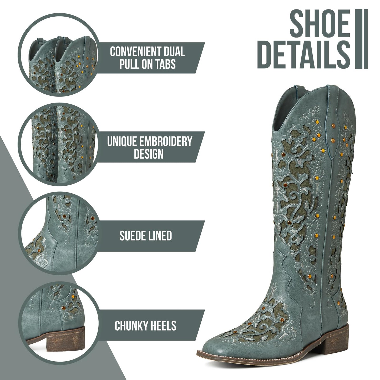 SaraIris Women's Rhinestone Boots Mid Calf Boots Chunky Heel Round Toe Green Boots Knee High Boots Embroidered Cowgirl Boots Cowboy Boots Pull On Western Boots for Women