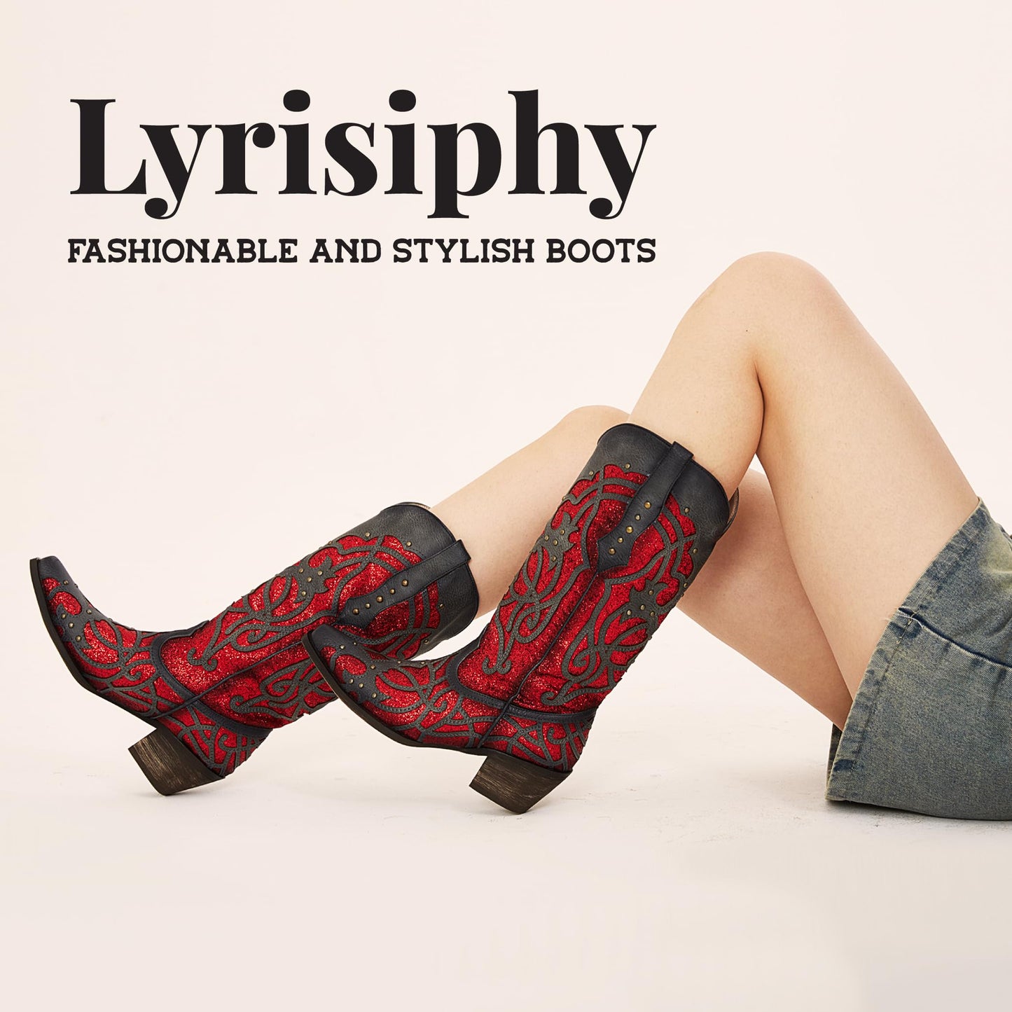 Lyrisiphy Red Cowboy Boots for Women Sparkly Cowgirl Boots Western Knee High Boots Chunky Heel Pointed Toe Pull-on Glitter Embroidered Studded Bridal Wedding Boots