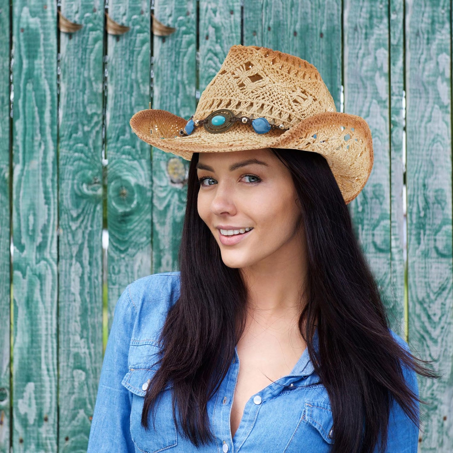 Cutecrop Straw Cowboy Hat for Women Cowgirl Hat with 9 Replacement Hat Belts Bands Summer Beige Western Hat for Beach Party