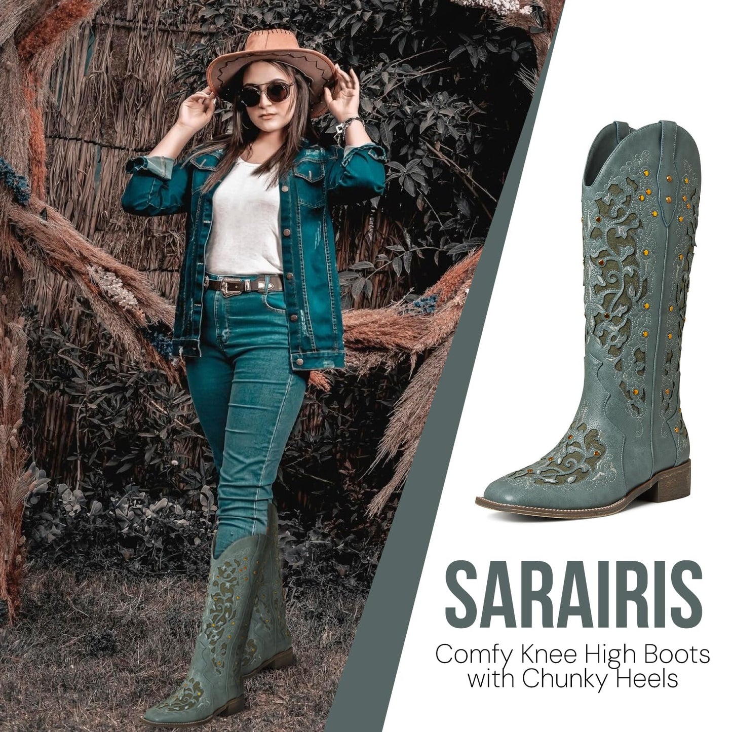 SaraIris Women's Rhinestone Boots Mid Calf Boots Chunky Heel Round Toe Green Boots Knee High Boots Embroidered Cowgirl Boots Cowboy Boots Pull On Western Boots for Women