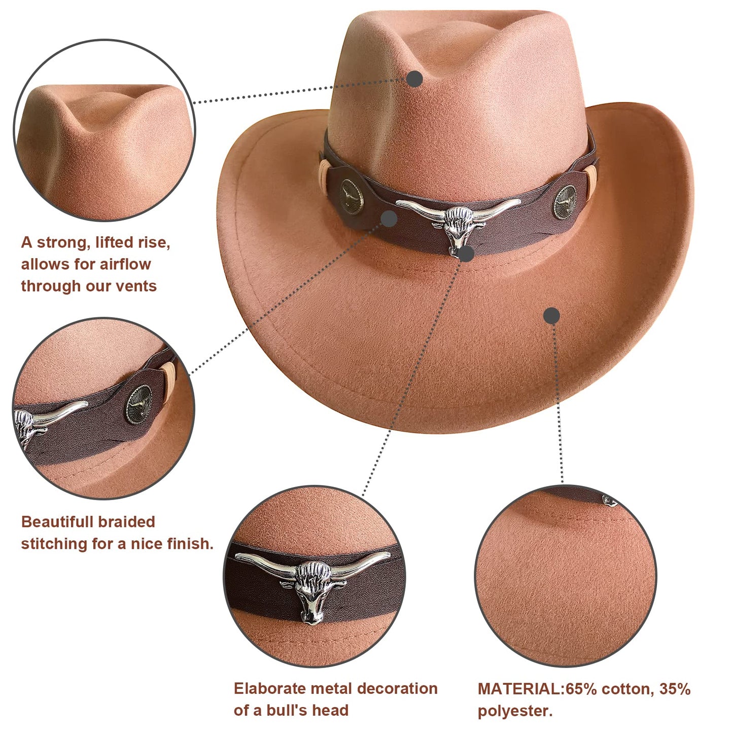 RainFlowwer Cowboy Hat Men, Brown Cowboy Hat for Women, Western Style Hat with Wide Belt Wide Brim