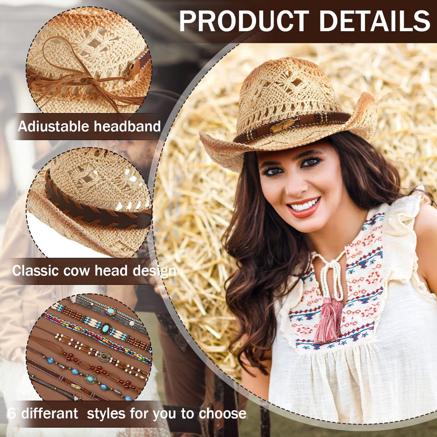 Cutecrop Straw Cowboy Hat for Women Cowgirl Hat with 9 Replacement Hat Belts Bands Summer Beige Western Hat for Beach Party