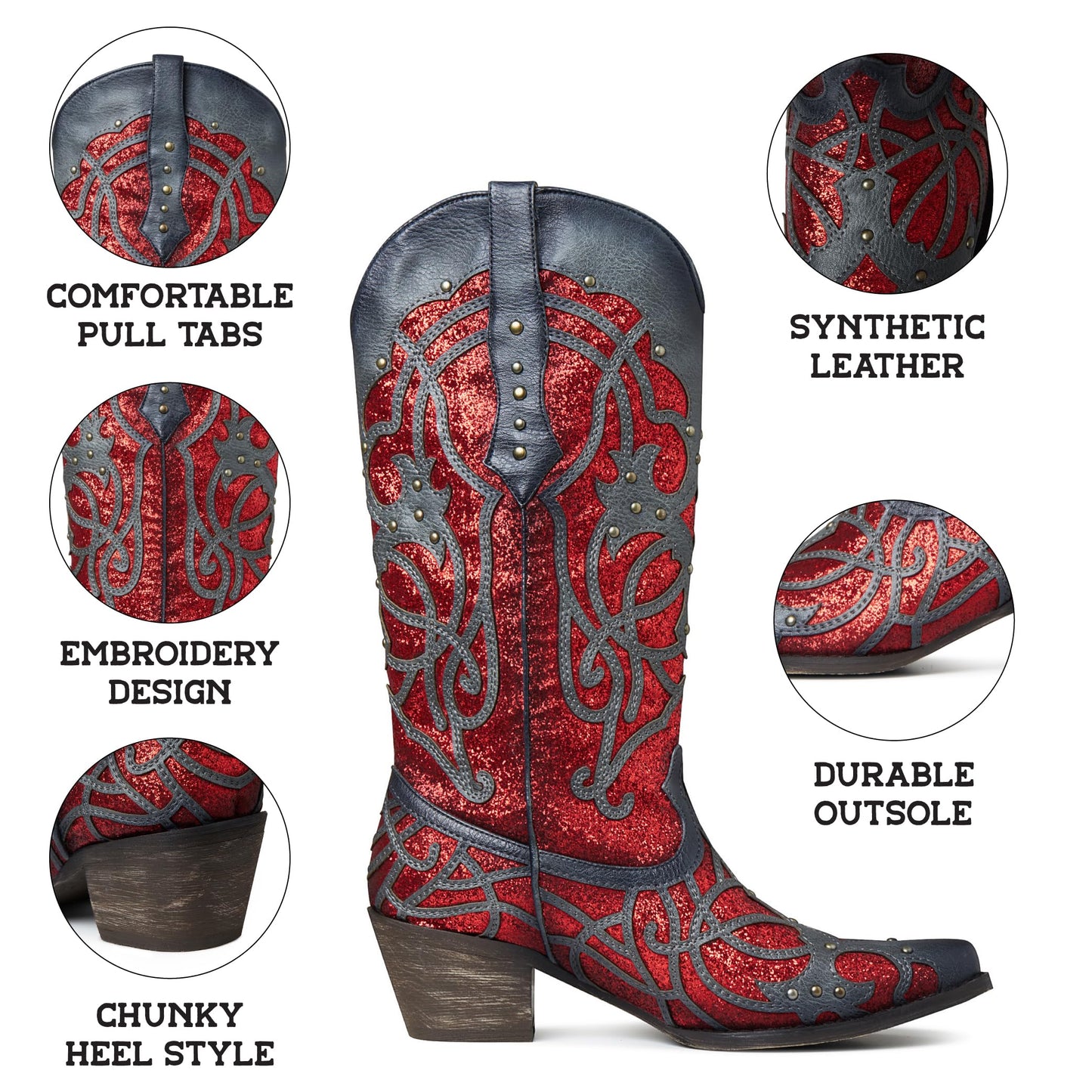 Lyrisiphy Red Cowboy Boots for Women Sparkly Cowgirl Boots Western Knee High Boots Chunky Heel Pointed Toe Pull-on Glitter Embroidered Studded Bridal Wedding Boots
