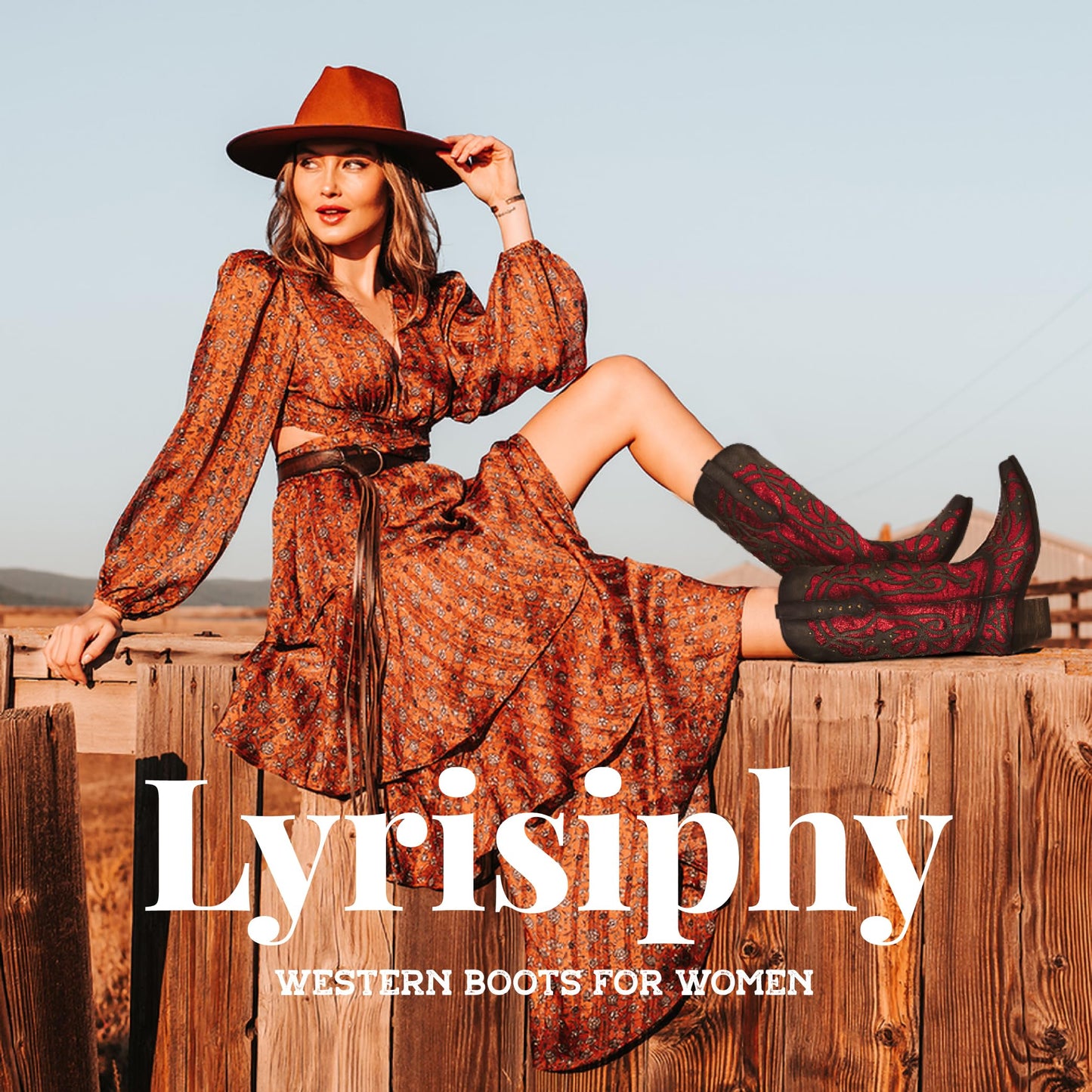 Lyrisiphy Red Cowboy Boots for Women Sparkly Cowgirl Boots Western Knee High Boots Chunky Heel Pointed Toe Pull-on Glitter Embroidered Studded Bridal Wedding Boots