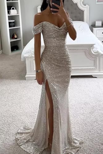 Women's Silver Sparkly Sequin Prom Dresses with Slit Mermaid Formal Gown Off The Shoulder Evening Dress Simple 2