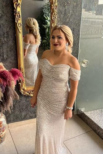 Women's Silver Sparkly Sequin Prom Dresses with Slit Mermaid Formal Gown Off The Shoulder Evening Dress Simple 2