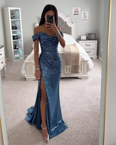 Women's Silver Sparkly Sequin Prom Dresses with Slit Mermaid Formal Gown Off The Shoulder Evening Dress Simple 2