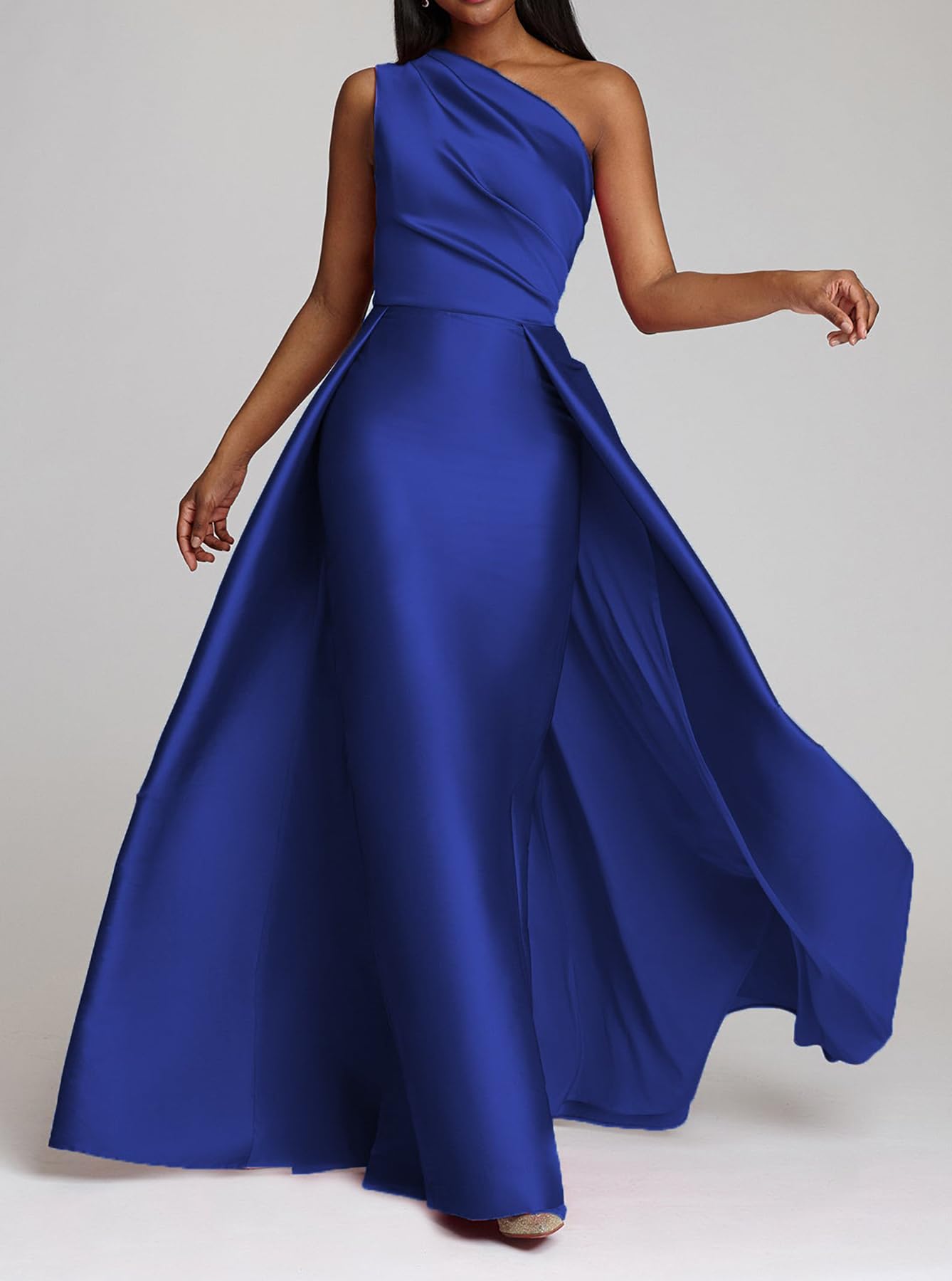 KDTM Women`s One Shoulder Formal Dresses Satin Long Prom Maxi Dress with Overskirt Evening Party Dress Sleeveless Gold
