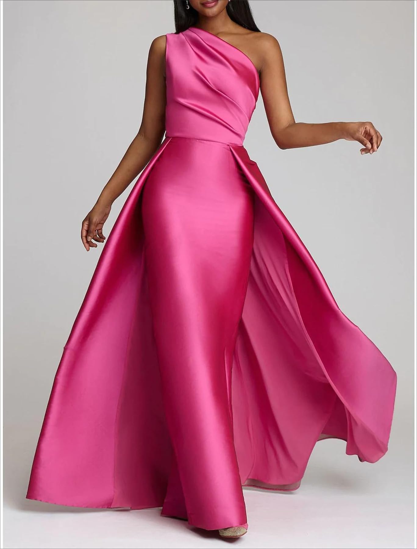 KDTM Women`s One Shoulder Formal Dresses Satin Long Prom Maxi Dress with Overskirt Evening Party Dress Sleeveless Gold