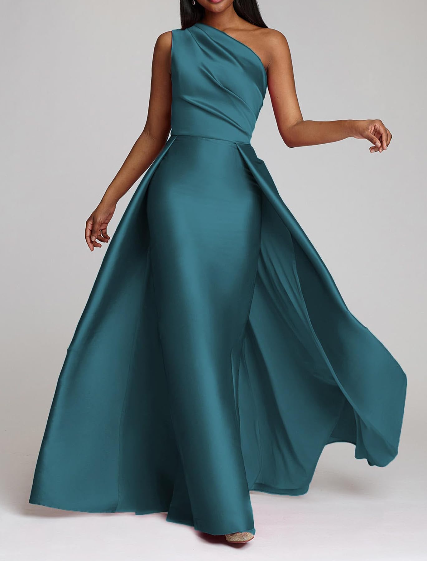 KDTM Women`s One Shoulder Formal Dresses Satin Long Prom Maxi Dress with Overskirt Evening Party Dress Sleeveless Gold