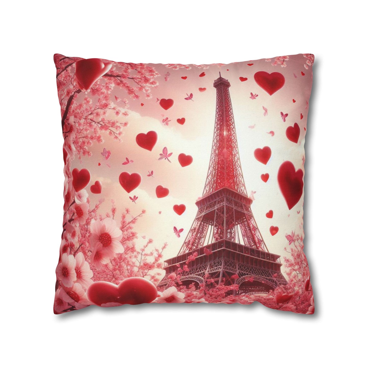 Paris Theme Cherry Blossom Eiffel Tower Spun Polyester Square Pillowcase