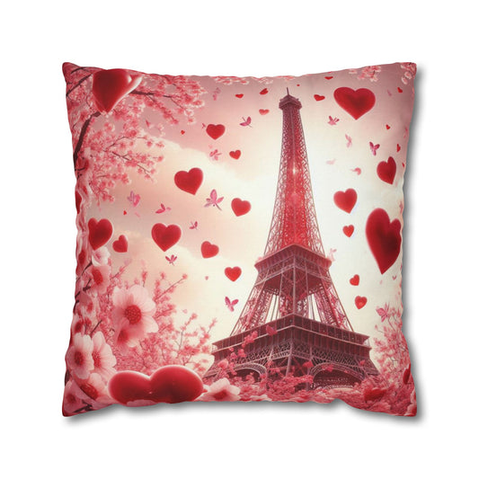 Paris Theme Cherry Blossom Eiffel Tower Spun Polyester Square Pillowcase