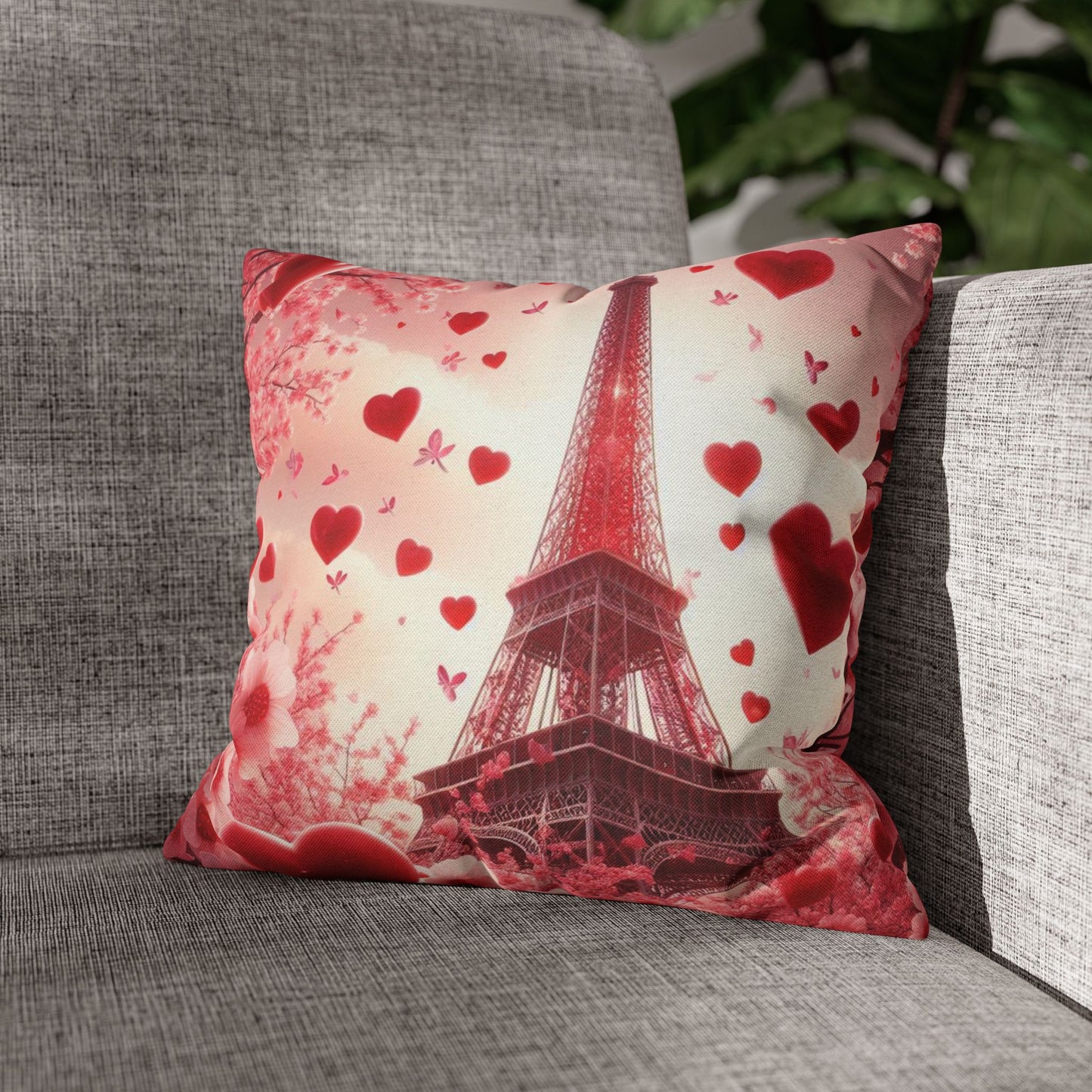 Paris Theme Cherry Blossom Eiffel Tower Spun Polyester Square Pillowcase