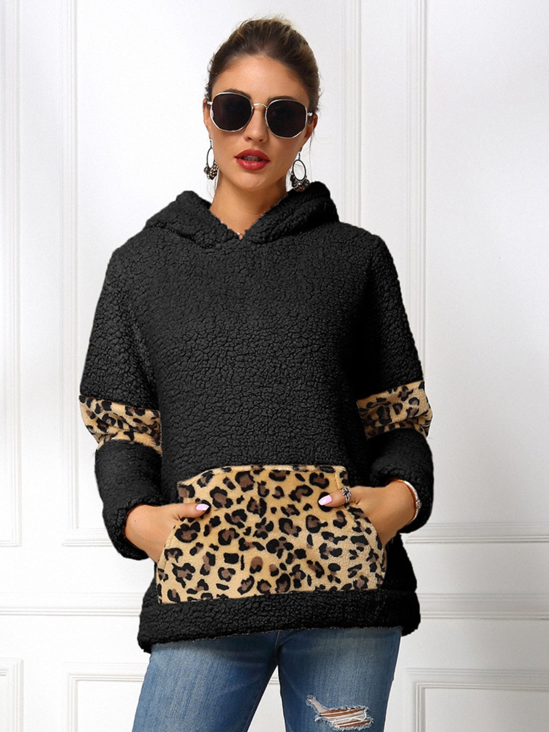 Ivy Lane Sherpa Leopard Long Sleeve Hoodie