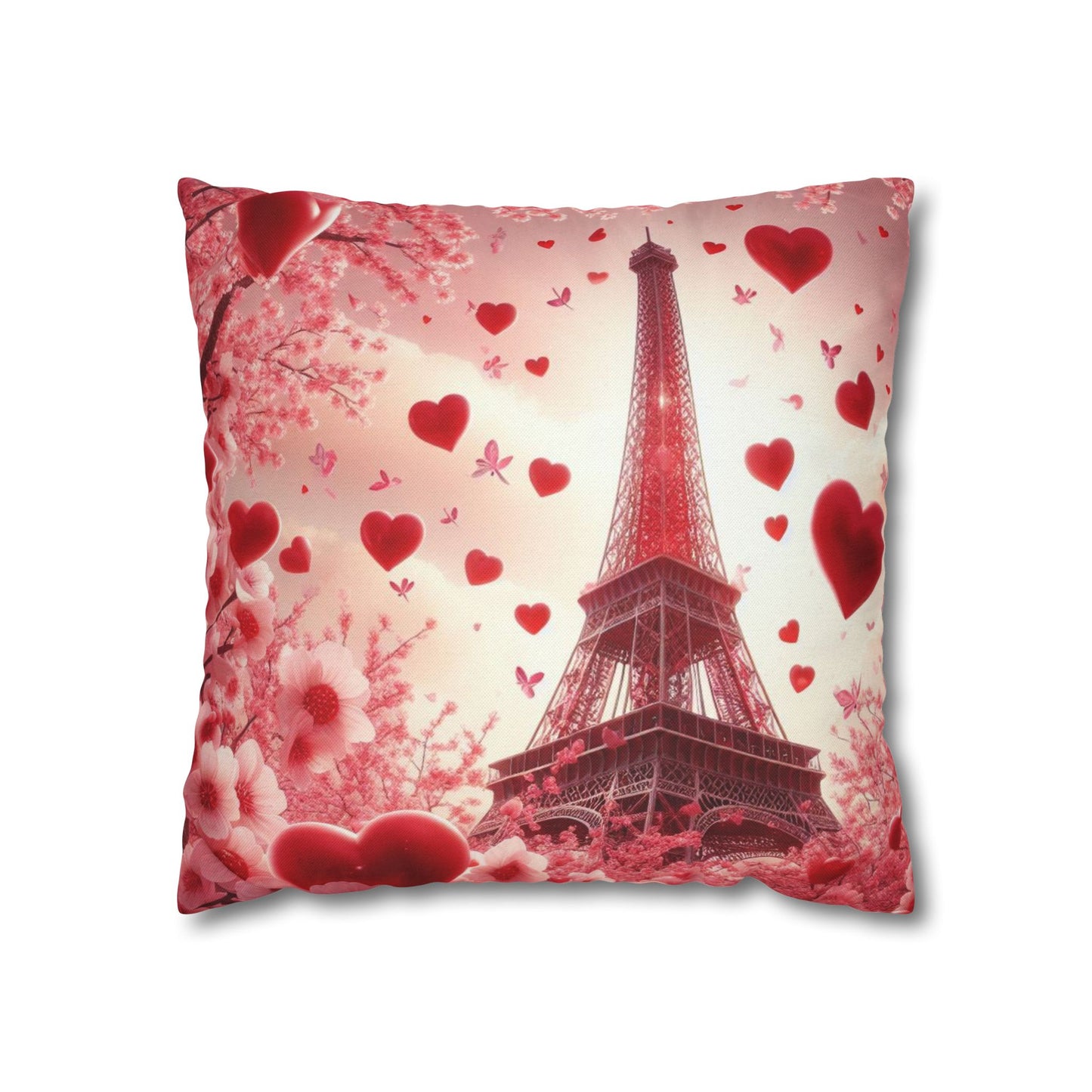 Paris Theme Cherry Blossom Eiffel Tower Spun Polyester Square Pillowcase