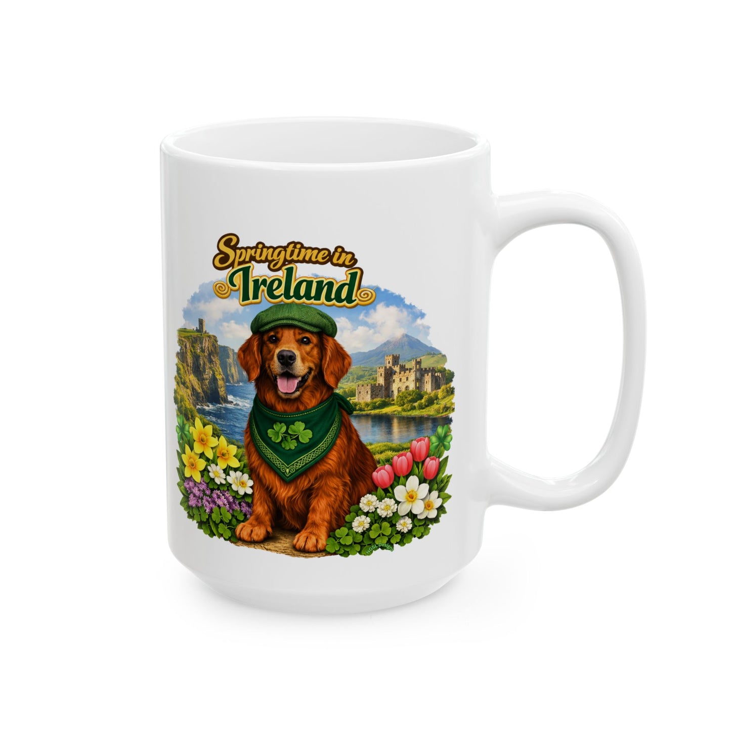 Springtime in Ireland (11oz, 15oz) Mug— Lucky Golden Retriever Shamrock Ceramic Mug