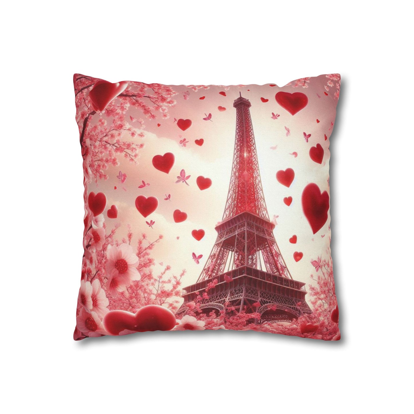 Paris Theme Cherry Blossom Eiffel Tower Spun Polyester Square Pillowcase