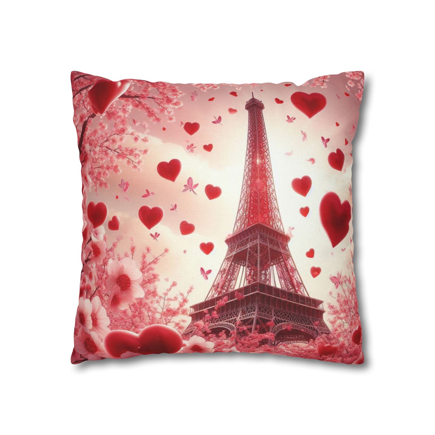 Paris Theme Cherry Blossom Eiffel Tower Spun Polyester Square Pillowcase