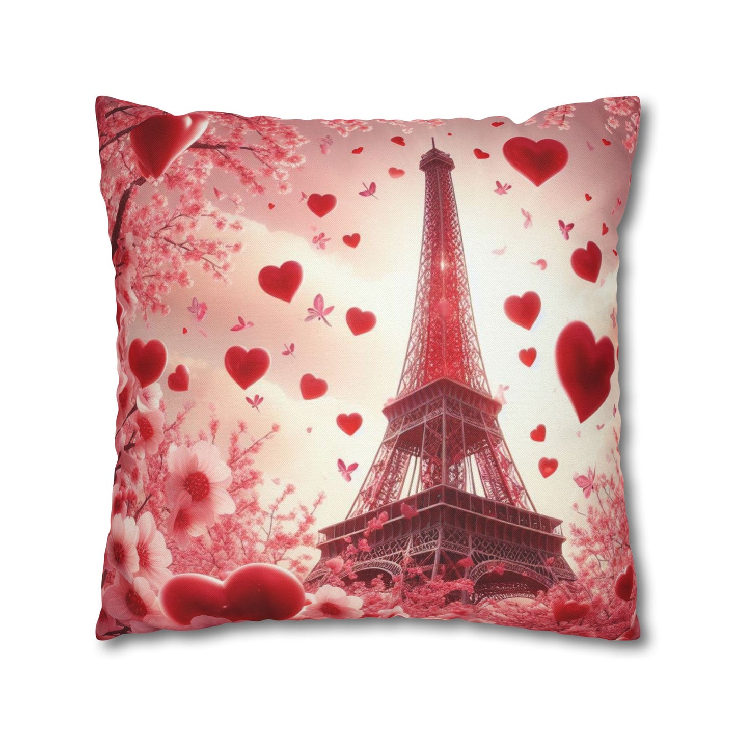 Paris Theme Cherry Blossom Eiffel Tower Spun Polyester Square Pillowcase