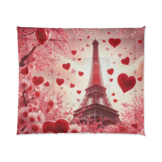 Comforter Blanket - Paris Theme Cherry Blossom hearts Eiffel Tower Design