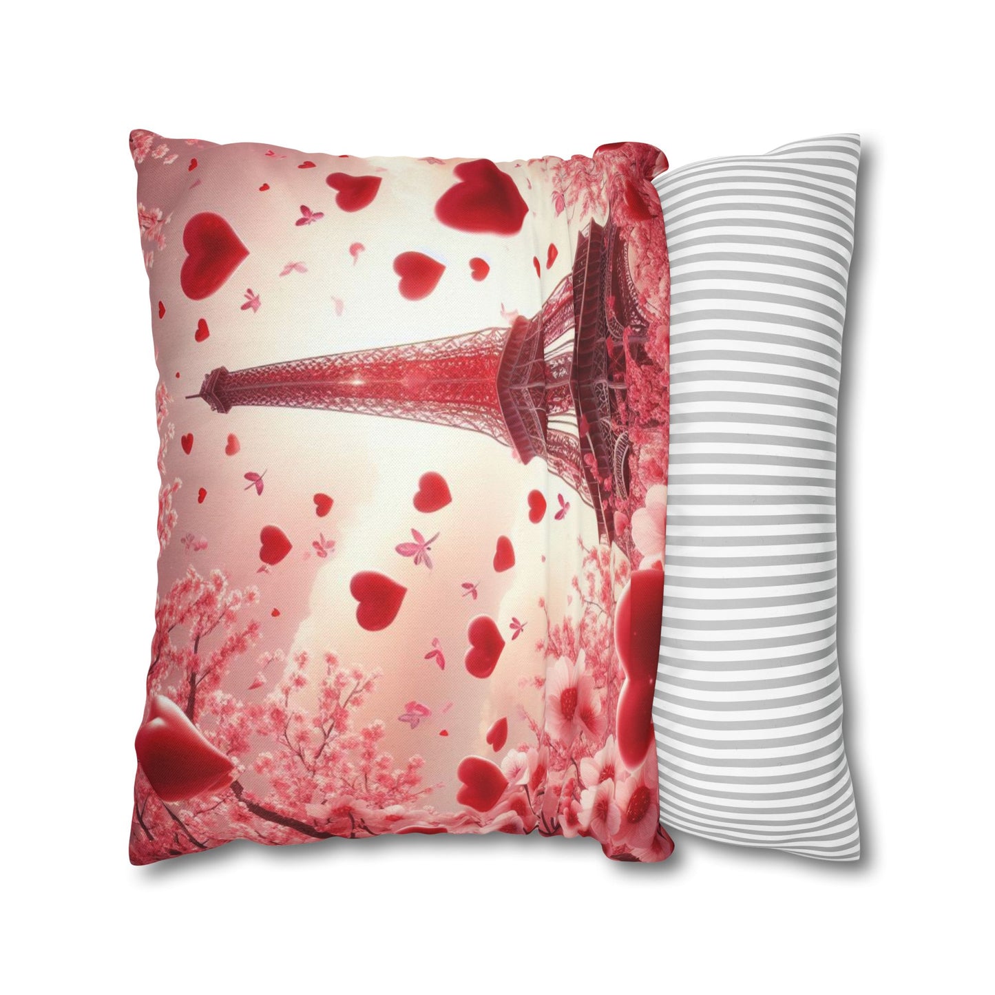 Paris Theme Cherry Blossom Eiffel Tower Spun Polyester Square Pillowcase