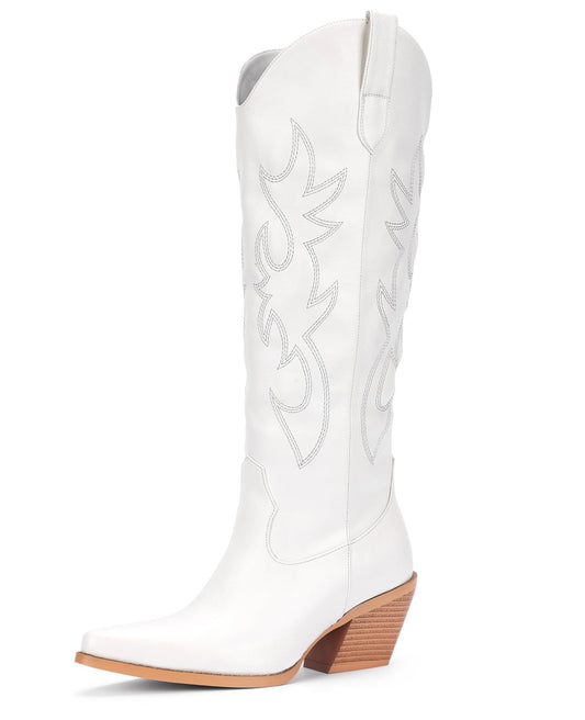 Pasuot White Cowboy Western Boots for Women - Wide Calf Cowgirl Knee High with Side Zip and Embroidered, Pointed Toe Chunky Heel Retro Classic Tall Boot Pull On for Ladies Fall Winter Size 7