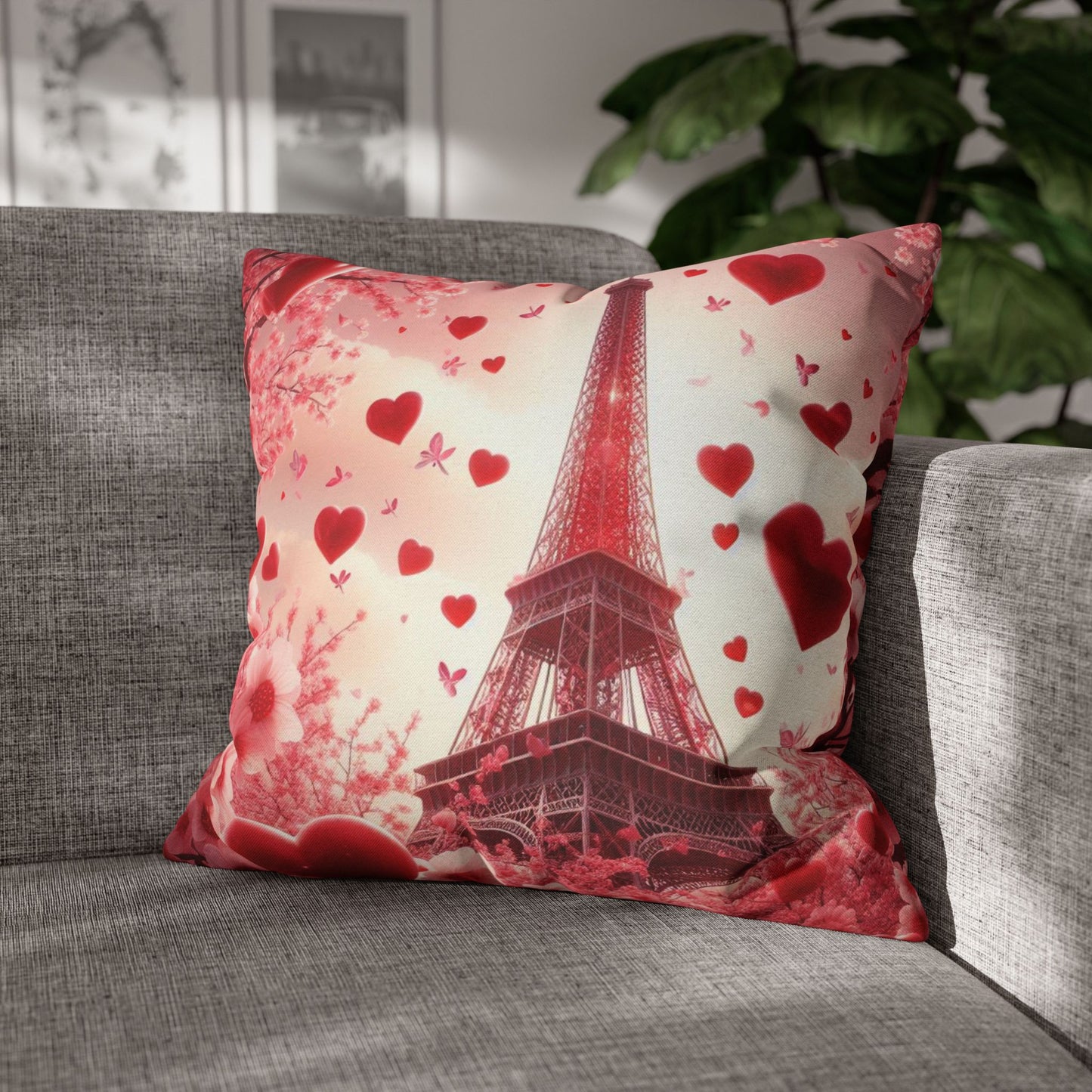 Paris Theme Cherry Blossom Eiffel Tower Spun Polyester Square Pillowcase