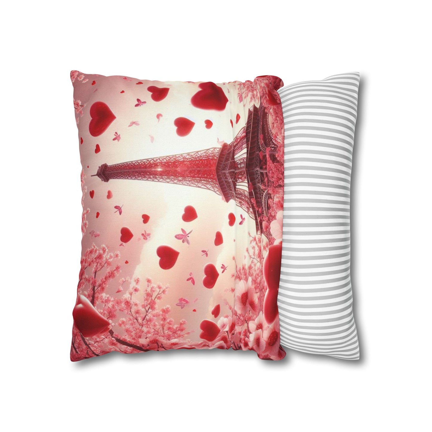 Paris Theme Cherry Blossom Eiffel Tower Spun Polyester Square Pillowcase