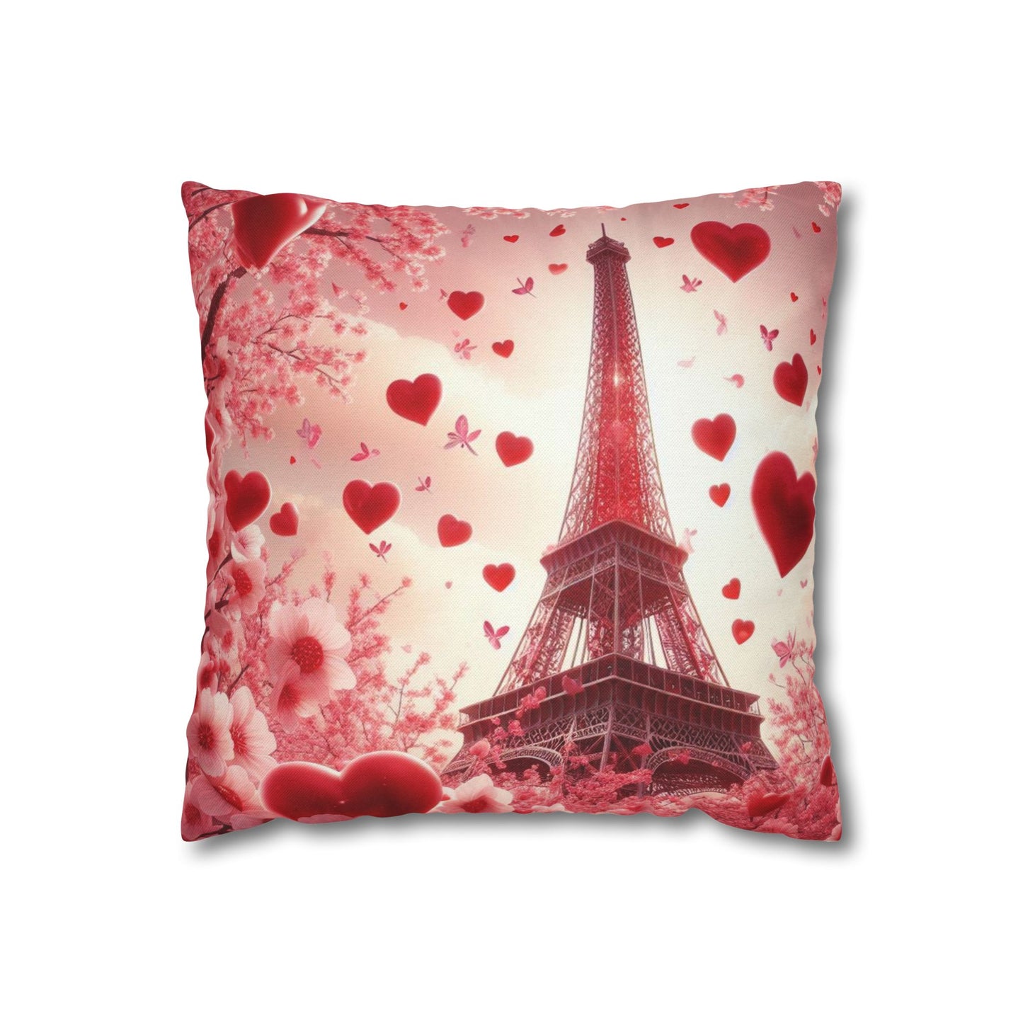 Paris Theme Cherry Blossom Eiffel Tower Spun Polyester Square Pillowcase