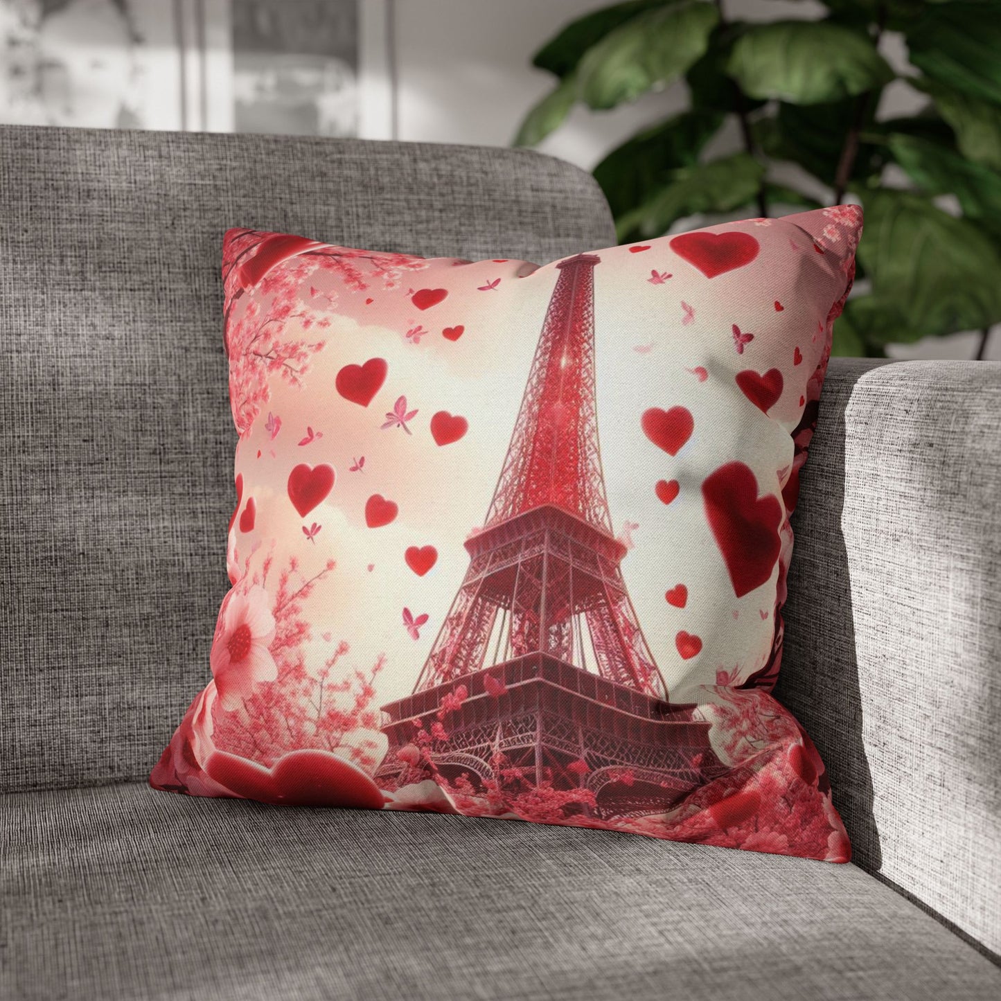 Paris Theme Cherry Blossom Eiffel Tower Spun Polyester Square Pillowcase