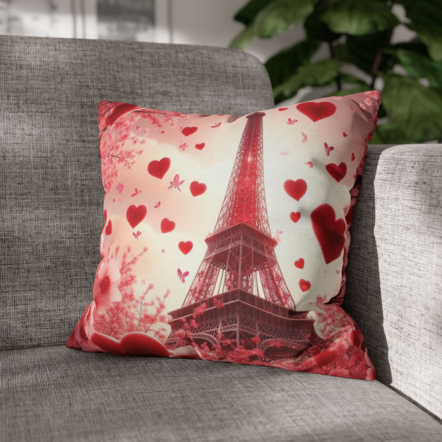 Paris Theme Cherry Blossom Eiffel Tower Spun Polyester Square Pillowcase