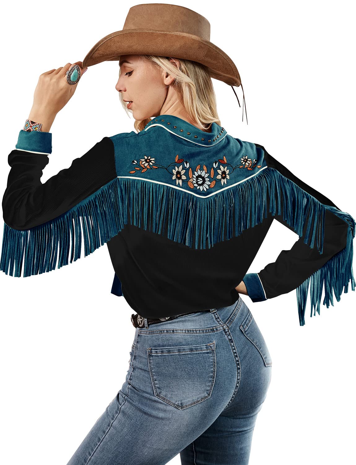 JOHN MOON Women's Embroidered Western Long Sleeve Buttons Down Shirts Fringed Retro Cowgirl Blouses Shirts Black
