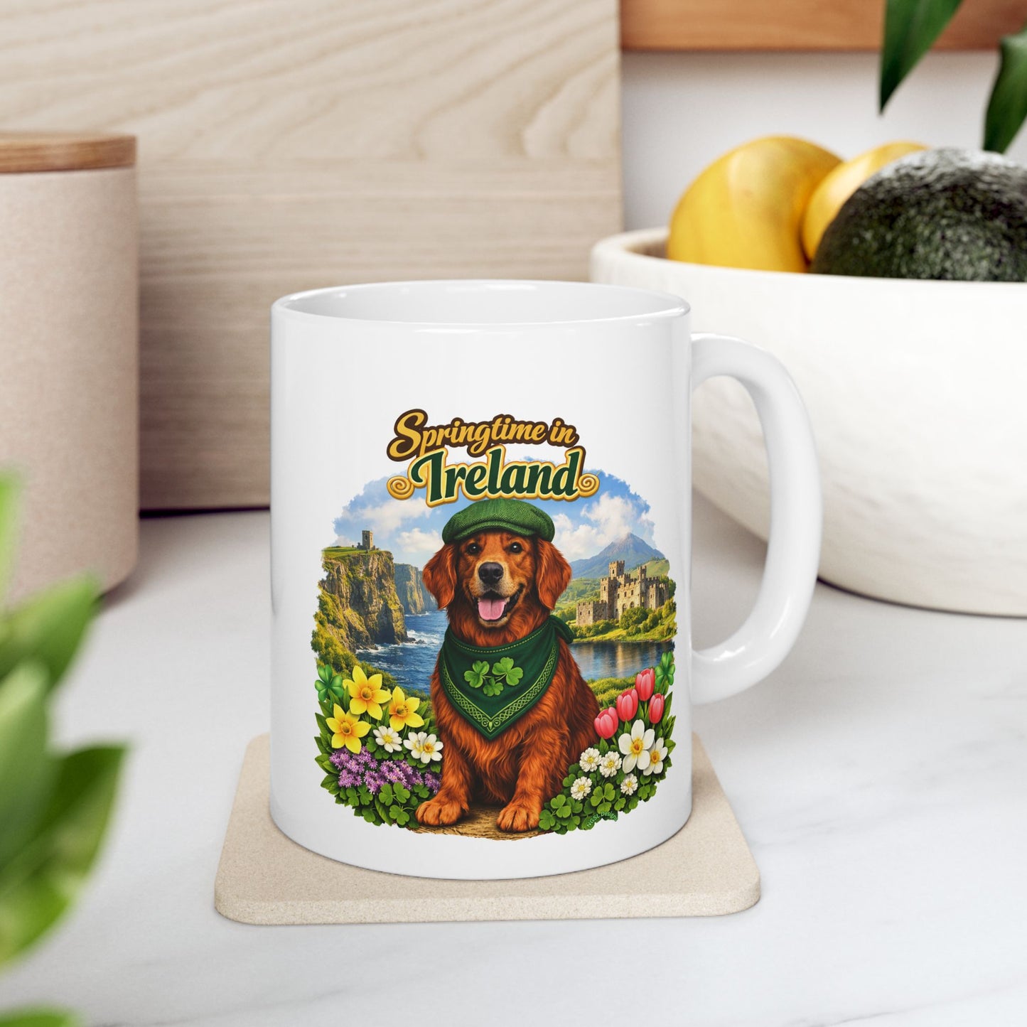 Springtime in Ireland (11oz, 15oz) Mug— Lucky Golden Retriever Shamrock Ceramic Mug