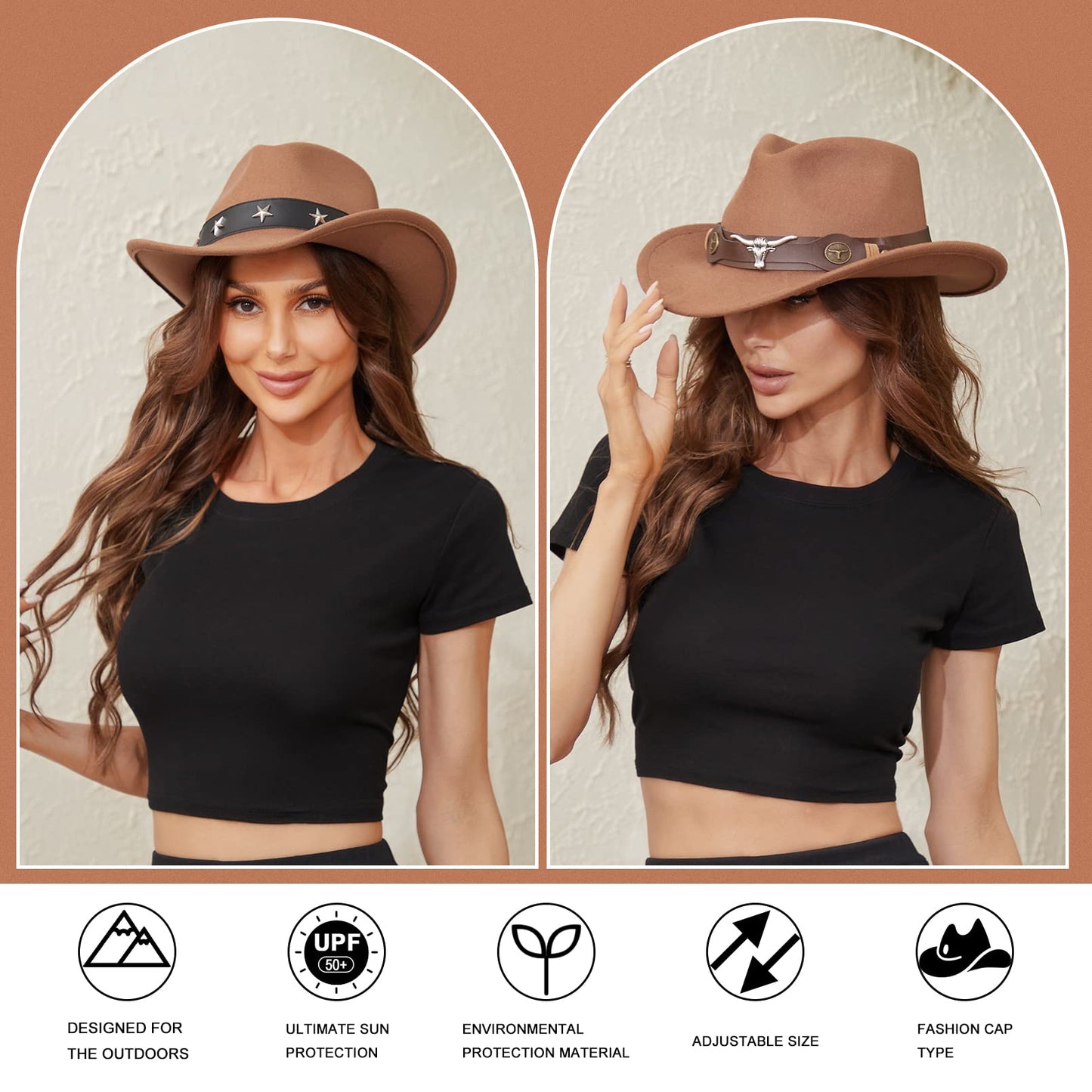 RainFlowwer Cowboy Hat Men, Brown Cowboy Hat for Women, Western Style Hat with Wide Belt Wide Brim
