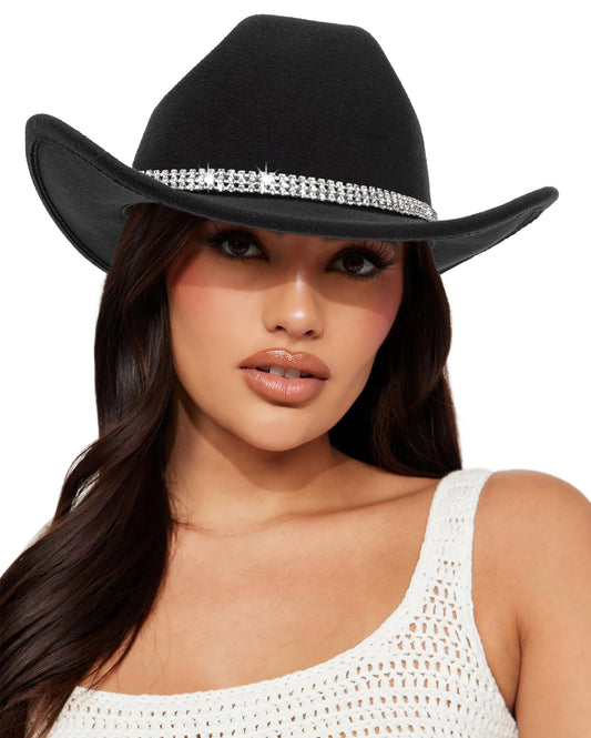 Classic Felt-Western-Cowboy-Cowgirl-Hats for Women-Men Fedora-Jazz-Hat with Belt Black(Lagre)