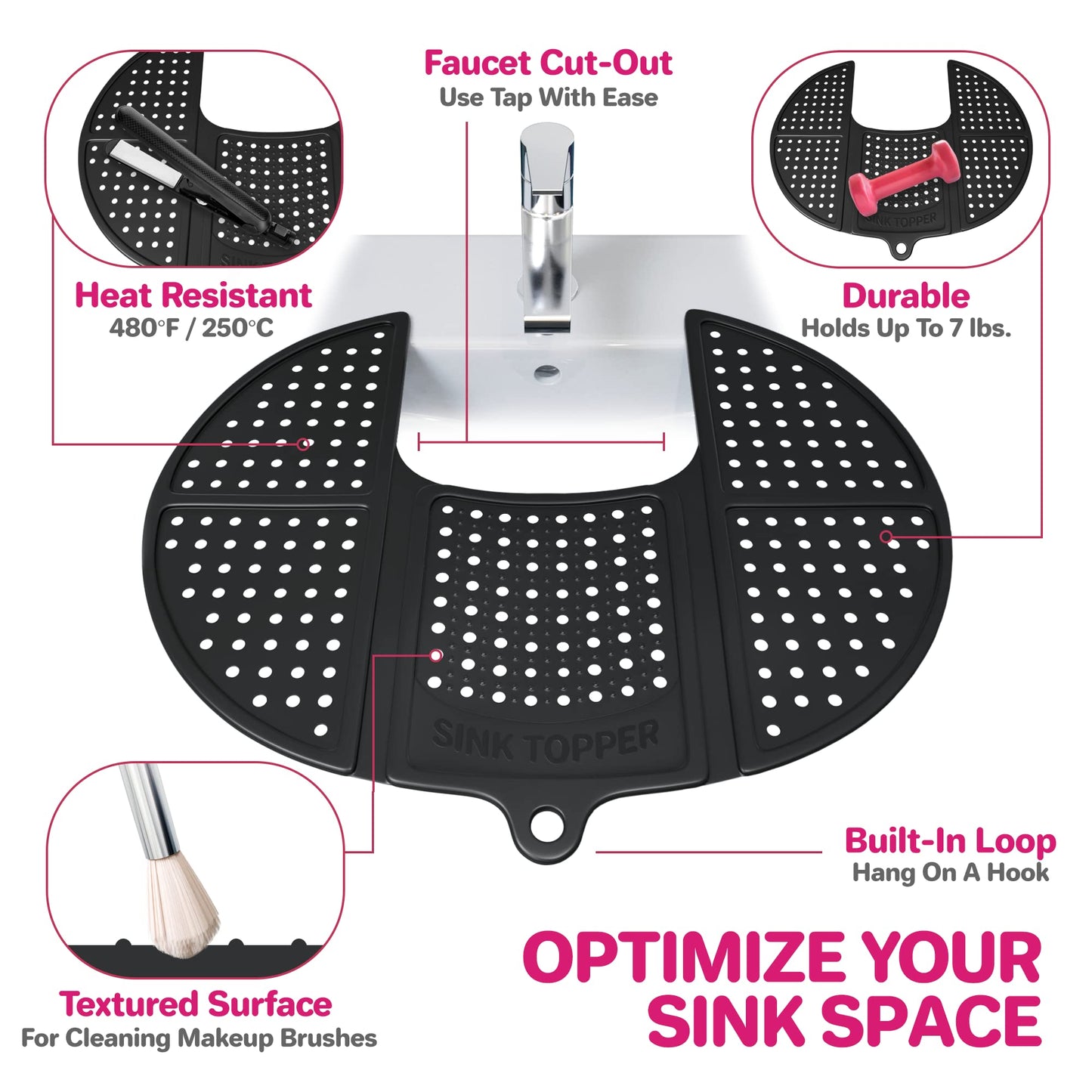 Sink Topper Foldable Sink Cover - Silicone Beauty Makeup Brush Cleaning Mat Hot Tools Organizer - for Extra Space & Storage Saver - Bathroom Must Have - Standard, Black