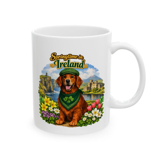 Springtime in Ireland (11oz, 15oz) Mug— Lucky Golden Retriever Shamrock Ceramic Mug