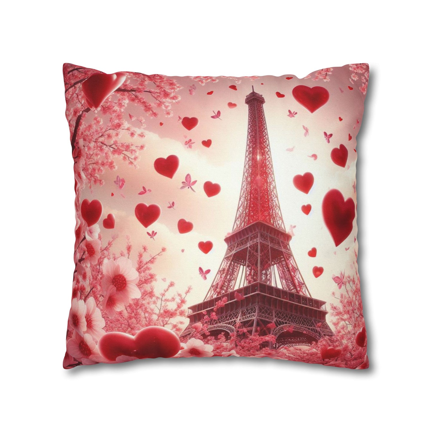 Paris Theme Cherry Blossom Eiffel Tower Spun Polyester Square Pillowcase