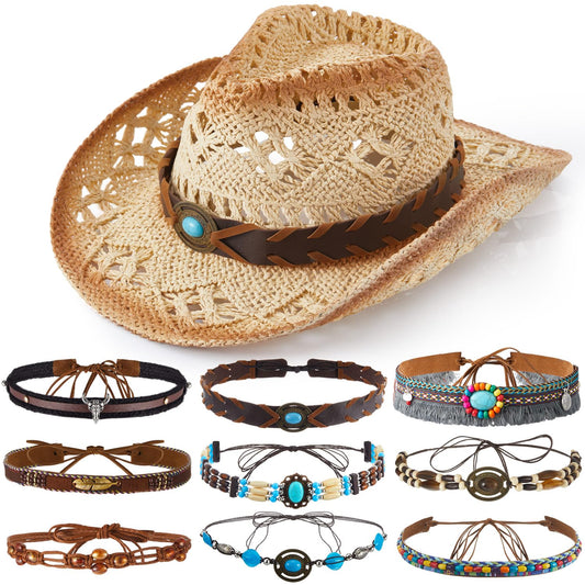 Cutecrop Straw Cowboy Hat for Women Cowgirl Hat with 9 Replacement Hat Belts Bands Summer Beige Western Hat for Beach Party